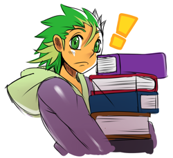 Size: 1280x1171 | Tagged: safe, artist:ss2sonic, character:spike, species:human, book, clothing, exclamation point, hoodie, humanized, light skin, male, solo