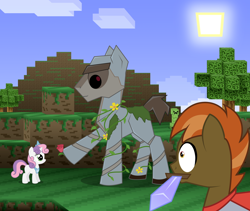 Size: 3000x2529 | Tagged: safe, artist:sirzi, character:button mash, character:sweetie belle, creeper, don't mine at night, flower, golem, iron golem, laputa: castle in the sky, minecraft
