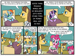 Size: 1129x852 | Tagged: safe, artist:kturtle, character:applejack, character:doctor horse, character:doctor stable, character:pinkie pie, character:rainbow dash, character:twilight sparkle, breaking the fourth wall, broken horn, broken leg, broken wing, comic, dialogue, doctor, fourth wall, hospital, injured, kicks mcgee, looking at you