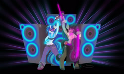 Size: 1670x1000 | Tagged: safe, artist:falleninthedark, character:dj pon-3, character:octavia melody, character:vinyl scratch, species:anthro, armpits, bandeau, belly button, cello, glow, midriff, musical instrument, speaker, speakers, tube top