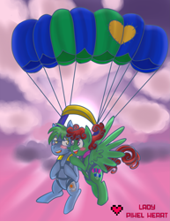 Size: 2975x3850 | Tagged: safe, artist:ladypixelheart, oc, oc only, oc:software patch, oc:windcatcher, blushing, couple, flying, glasses, heart, parachute, patch, skydiving, windpatch