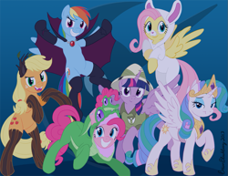 Size: 941x725 | Tagged: safe, artist:brianblackberry, character:applejack, character:fluttershy, character:gummy, character:pinkie pie, character:rainbow dash, character:rarity, character:twilight sparkle, character:twilight sparkle (alicorn), species:alicorn, species:pony, alicornified, catsuit, clothing, costume, fake wings, mane six, nightmare night, nightmare night costume, race swap, raricorn, role reversal