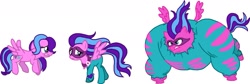Size: 1725x577 | Tagged: safe, artist:ribbetlion, artist:starryoak, character:flitterheart, character:saddle rager, species:pegasus, species:pony, episode:power ponies, g4, my little pony: friendship is magic, angry, clothing, costume, flutterhulk, frown, glare, gritted teeth, mask, muscles, nervous, ripped, scared, simple background, spread wings, the incredible hulk, white background, wings