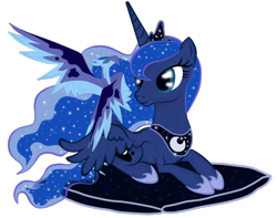 Size: 950x750 | Tagged: safe, artist:virenth, character:princess luna, species:alicorn, species:bird, species:phoenix, species:pony, g4, cushion, duo, ethereal mane, female, jewelry, mare, night phoenix, paint.net, pet, prone, regalia, simple background, solo, transparent background, wings