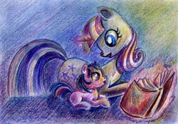 Size: 861x600 | Tagged: safe, artist:maytee, character:twilight sparkle, character:twilight velvet, book, filly, mother and daughter, open mouth, reading