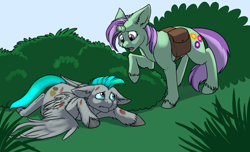 Size: 1000x607 | Tagged: safe, artist:foxenawolf, oc, oc only, oc:lavender dreams, oc:whirring cogs, species:pegasus, species:pony, species:unicorn, fanfic:change of life, broken horn, change of life, commission, fanfic art, injured, outdoors, unshorn fetlocks