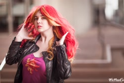 Size: 2048x1365 | Tagged: safe, artist:lochlan o'neil, character:sunset shimmer, species:human, my little pony:equestria girls, clothing, cosplay, irl, irl human, jacket, leather jacket, photo, solo