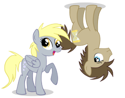Size: 2000x1567 | Tagged: safe, artist:mirtash, rcf community, character:derpy hooves, character:doctor whooves, character:time turner, species:earth pony, species:pegasus, species:pony, female, folded wings, male, mare, open mouth, raised hoof, simple background, smiling, stallion, standing, transparent background, upside down