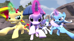 Size: 3555x2000 | Tagged: safe, artist:pika-robo, character:rarity, character:sunset shimmer, character:trixie, character:twilight sparkle, species:pony, species:unicorn, 3d, kubrick stare, magic, sonic rivals, source filmmaker, twilight's counterparts