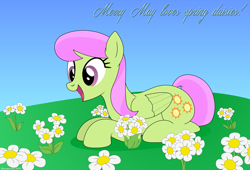 Size: 2161x1468 | Tagged: safe, artist:bluemeganium, character:merry may, cute, daisy (flower), female, flower, happy, prone, smiling, solo, text