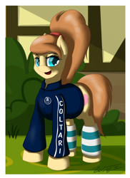 Size: 1200x1645 | Tagged: safe, alternate version, artist:boneswolbach, artist:ookamithewolf1, oc, oc only, oc:cream heart, species:earth pony, species:pony, alternate hairstyle, clothing, cutie mark, female, hooves, leg warmers, mare, open mouth, ponytail, solo, sweater