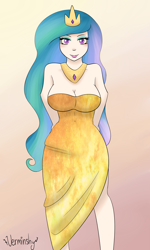Size: 1795x3000 | Tagged: safe, artist:verminshy, character:princess celestia, species:human, cleavage, clothing, dress, female, humanized, light skin, solo