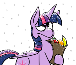 Size: 700x600 | Tagged: safe, artist:karpet-shark, character:twilight sparkle, character:twilight sparkle (alicorn), species:alicorn, species:pony, twily-daily, apple, banana, chest fluff, female, food, groceries, mare, orange, snow, snowfall, solo, tumblr, twilight is not amused, unamused