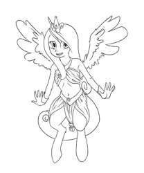 Size: 1280x1536 | Tagged: safe, artist:raph13th, oc, oc only, oc:venus, parent:oc:anon, parent:princess cadance, satyr, belly button, black and white, bocas top, female, grayscale, lineart, looking at you, midriff, monochrome, open mouth, simple background, solo, spread wings, white background, wings