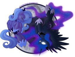 Size: 1700x1284 | Tagged: safe, artist:falleninthedark, character:princess luna, crying, cute, duality, eyes closed, filly, glowing eyes, grin, jaws, ponidox, s1 luna, self ponidox, spread wings, the fun has been doubled, wings, woona