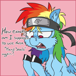 Size: 500x500 | Tagged: safe, artist:xenon, character:rainbow dash, species:pony, anime, annoyed, chest fluff, cosplay, cross-eyed, crossover, dialogue, ear fluff, female, headband, mare, naruto, open mouth, parody, solo, unshorn fetlocks