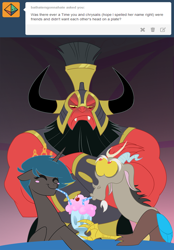 Size: 1000x1440 | Tagged: safe, artist:peachiekeenie, artist:tarajenkins, character:discord, character:lord tirek, character:queen chrysalis, species:alicorn, species:centaur, species:draconequus, species:pony, g1, blush sticker, blushing, bulging eyes, caught, chaperone, commander, cutealis, eyes closed, female, floppy ears, frown, g1 to g4, generation leap, glare, helmet, male, mare, milkshake, smiling, unamused, wide eyes, younger