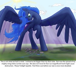 Size: 1280x1134 | Tagged: safe, artist:shieltar, character:princess luna, species:pony, dialogue, female, giant pony, growth, macro, mega giant, mega luna, solo, spread wings, wings
