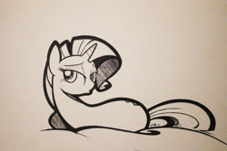 Size: 5184x3456 | Tagged: safe, artist:b-epon, character:rarity, absurd resolution, back, duckface, female, grayscale, ink, looking back, monochrome, on side, pouting, solo, traditional art