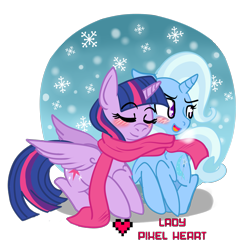 Size: 2969x2921 | Tagged: safe, artist:ladypixelheart, character:trixie, character:twilight sparkle, character:twilight sparkle (alicorn), species:alicorn, species:pony, ship:twixie, blushing, clothing, female, lesbian, mare, scarf, shared clothing, shared scarf, shipping, simple background, snow, snowfall, transparent background