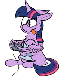 Size: 600x700 | Tagged: safe, artist:karpet-shark, character:twilight sparkle, character:twilight sparkle (alicorn), species:alicorn, species:pony, twily-daily, :t, adorkable, blep, controller, cute, dork, female, floppy ears, gamer twi, mare, potato chips, sitting, smiling, solo, tongue out, wing hands