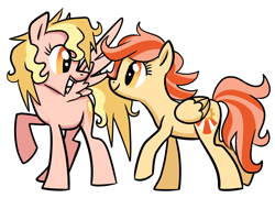 Size: 976x701 | Tagged: safe, artist:needsmoarg4, character:honey rays, character:honeysuckle, character:sunny rays, species:pegasus, species:pony, duo, female, mare, redesign, sunny rays