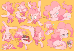 Size: 1078x750 | Tagged: safe, artist:rikose, character:pinkie pie, species:pony, accordion, blushing, cartwheel, colored pupils, creamy creamy frosting, crying, cupcake, cute, diapinkes, expressions, female, floppy ears, food, multeity, musical instrument, open mouth, orange background, profile, simple background, sketch dump, smiling, solo, upside down