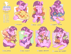 Size: 977x750 | Tagged: safe, artist:rikose, character:twilight sparkle, book, clothing, drunk, drunk twilight, eggplant, expressions, eyes closed, food, insomnia, japanese, meat, pajamas, pepperoni, pepperoni pizza, pizza, sleeping, smiling, snot bubble, twilight snapple