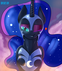 Size: 1687x1917 | Tagged: safe, artist:skyline19, character:nightmare moon, character:princess luna, species:alicorn, species:pony, bedroom eyes, female, heart, looking at you, mare, one eye closed, smiling, solo, stupid sexy nightmare moon, wink