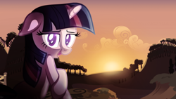 Size: 1920x1080 | Tagged: safe, artist:discorded, artist:ironfruit, artist:karl97, character:twilight sparkle, female, looking at you, looking back, show accurate, solo, sunset, vector, wallpaper