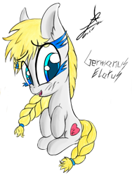 Size: 648x861 | Tagged: safe, artist:magical disaster, oc, oc only, oc:germanus elatus, blonde hair, braid, colored eyelashes, cute, eyelashes, female, filly, get, heart, index get, looking at you, open mouth, sitting, smiling, solo