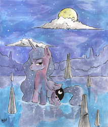 Size: 1646x1928 | Tagged: safe, artist:raph13th, character:princess luna, female, night, solo, water