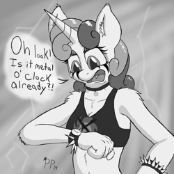 Size: 900x900 | Tagged: safe, artist:punk-pegasus, character:sweetie belle, species:anthro, female, metal, metal belle, monochrome, older, solo, tongue piercing