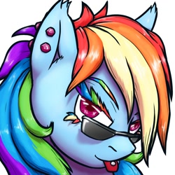 Size: 1200x1200 | Tagged: safe, artist:krd, character:rainbow dash, species:pegasus, species:pony, close-up, colored eyelashes, female, looking at you, piercing, rainbow lashes, solo, sunglasses, tongue out