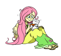 Size: 476x438 | Tagged: safe, artist:xenon, character:angel bunny, character:fluttershy, species:human, clothing, dress, humanized, pony coloring, sandals, winged humanization