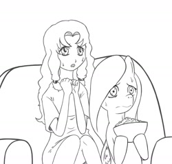 Size: 2180x2088 | Tagged: safe, artist:raph13th, character:florina tart, character:fluttershy, species:human, species:pegasus, species:pony, apple family member, couch, crossover, female, fire emblem, fire emblem 7, fire emblem: the blazing blade, grayscale, high res, lineart, mare, monochrome, movie, pegasus knight, popcorn, scared