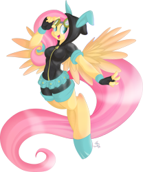 Size: 1417x1700 | Tagged: safe, artist:falleninthedark, character:fluttershy, species:anthro, species:pegasus, species:unguligrade anthro, g4, bunny ears, clothing, colored pupils, dangerous mission outfit, female, fingerless gloves, gloves, goggles, hoodie, looking at you, mare, open mouth, signature, simple background, smiling, solo, spread wings, transparent background, wings