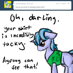 Size: 680x680 | Tagged: safe, artist:moonblizzard, oc, oc only, rarity answers, ask, clothing, shirt, solo, tumblr