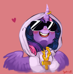 Size: 835x849 | Tagged: safe, artist:xenon, character:twilight sparkle, character:twilight sparkle (alicorn), species:alicorn, species:pony, bling, clothing, female, hoodie, mare, open mouth, piercing, solo, sunglasses, swag, twilightlicious