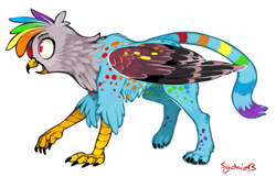 Size: 815x525 | Tagged: safe, artist:xenon, character:rainbow dash, species:griffon, cheetah, female, griffonized, hawk, rainbow griffon, solo, species swap