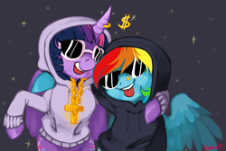 Size: 1302x877 | Tagged: safe, artist:xenon, character:rainbow dash, character:twilight sparkle, character:twilight sparkle (alicorn), species:alicorn, species:pony, bling, clothing, duo, female, gangsta, hoodie, mare, piercing, tongue out, twilightlicious
