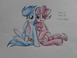 Size: 1024x768 | Tagged: safe, artist:tenebristayga, character:pinkie pie, character:soarin', ship:soarinpie, female, hug, male, old cutie mark, shipping, straight, traditional art