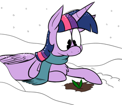 Size: 700x600 | Tagged: safe, artist:karpet-shark, character:twilight sparkle, character:twilight sparkle (alicorn), species:alicorn, species:pony, twily-daily, chest fluff, clothing, female, mare, prone, scarf, smiling, snow, snowfall, solo, tumblr