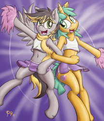 Size: 2000x2321 | Tagged: safe, artist:punk-pegasus, character:snails, oc, oc:aero, parent:derpy hooves, parent:oc:warden, parents:canon x oc, parents:warderp, aeroshell, belly button, bipedal, canon x oc, cheerleader, clothing, crossdressing, cute, fluffy, gay, glitter shell, male, male cheerleader, midriff, offspring, pom pom, scarf, semi-anthro, shipping, skirt, trap