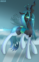 Size: 2980x4690 | Tagged: safe, artist:skyline19, character:queen chrysalis, species:changeling, absurd resolution, changeling queen, clothing, female, looking at you, sexy, smiling, socks, solo, stockings, stupid sexy chrysalis, thigh highs