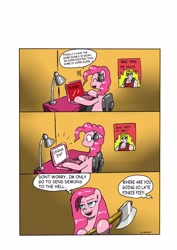 Size: 2481x3506 | Tagged: safe, artist:ciriliko, character:pinkamena diane pie, character:pinkie pie, axe, comic, computer, diablo 3, high res, video game