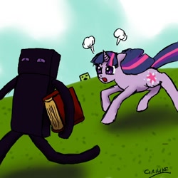 Size: 512x512 | Tagged: safe, artist:ciriliko, character:twilight sparkle, character:twilight sparkle (unicorn), species:pony, species:unicorn, book, chase, creeper, crossover, enderman, female, mare, minecraft
