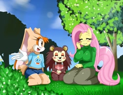 Size: 2409x1864 | Tagged: safe, artist:ss2sonic, character:fluttershy, species:anthro, animal crossing, breasts, busty fluttershy, chao, cheese, clothing, cream the rabbit, crossover, female, mai waifus have met, midriff, sonic the hedgehog (series)