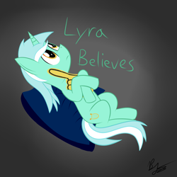 Size: 2500x2500 | Tagged: safe, artist:phoenixswift, character:lyra heartstrings, species:pony, species:unicorn, female, foam finger, gradient background, high res, looking up, mare, on back, solo