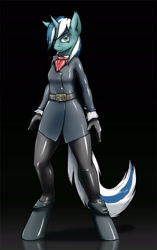 Size: 1209x1920 | Tagged: safe, artist:krd, oc, oc only, oc:skyfall, species:anthro, species:pony, species:unguligrade anthro, species:unicorn, anthro oc, clothing, colored, cravat, female, gloves, latex, latex gloves, solo, suit